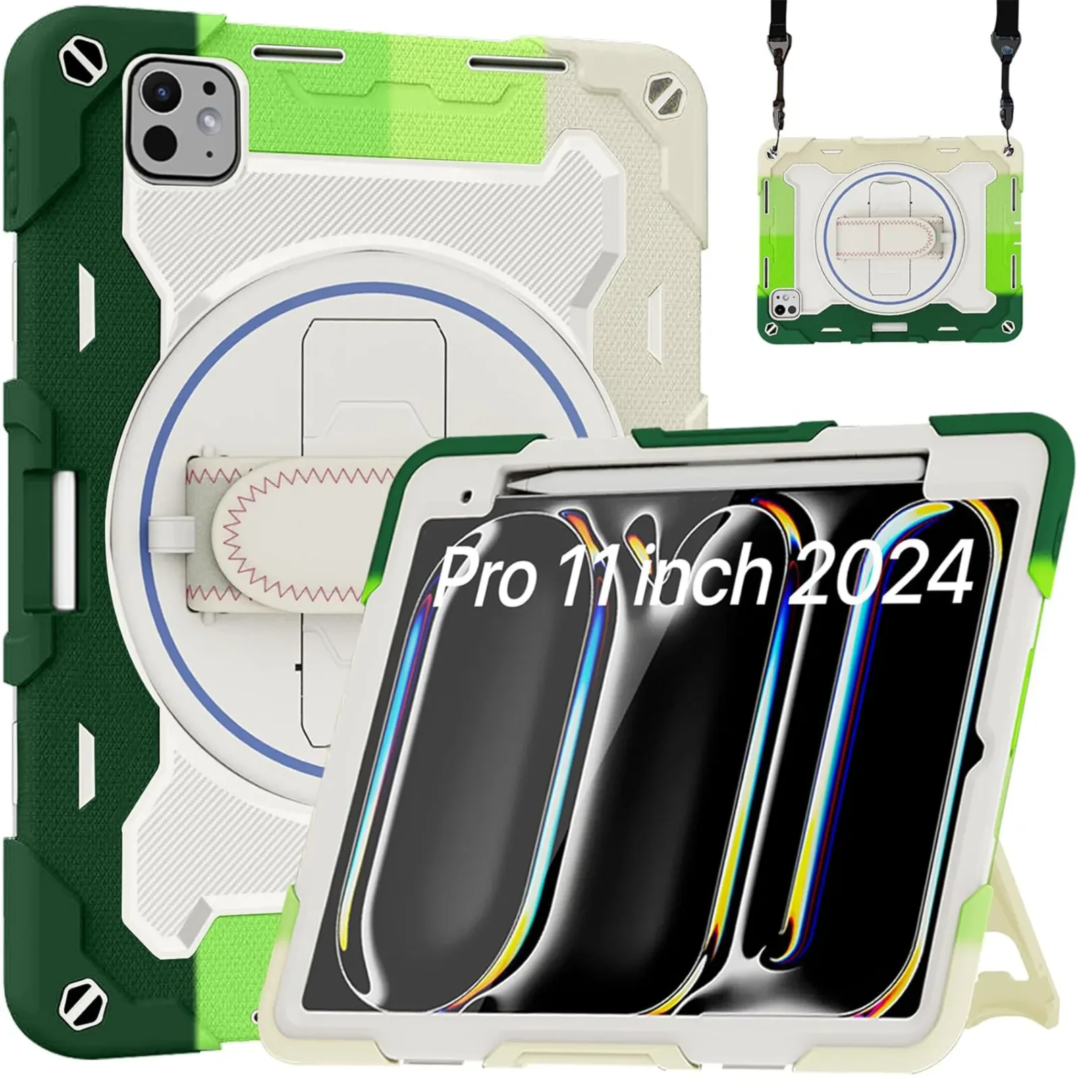 Robustrion for iPad Pro 11 inch M4 Cover Case with [Pencil Holder] Armor Shockproof Case with [Shoulder Strap] and [360 Degree Rotating Hand Strap] for iPad Pro 11 inch M4 2024