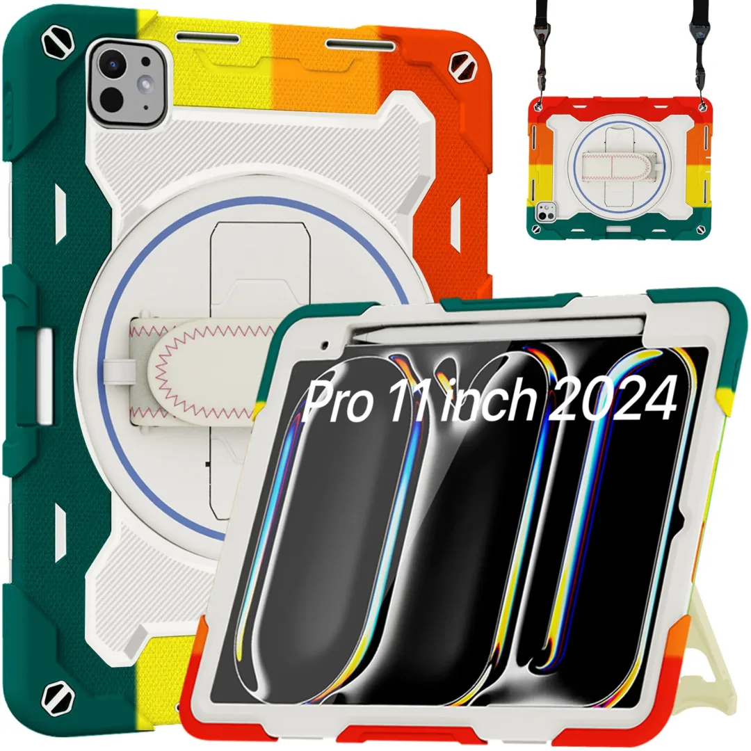 Robustrion for iPad Pro 11 inch M4 Cover Case with [Pencil Holder] Armor Shockproof Case with [Shoulder Strap] and [360 Degree Rotating Hand Strap] for iPad Pro 11 inch M4 2024