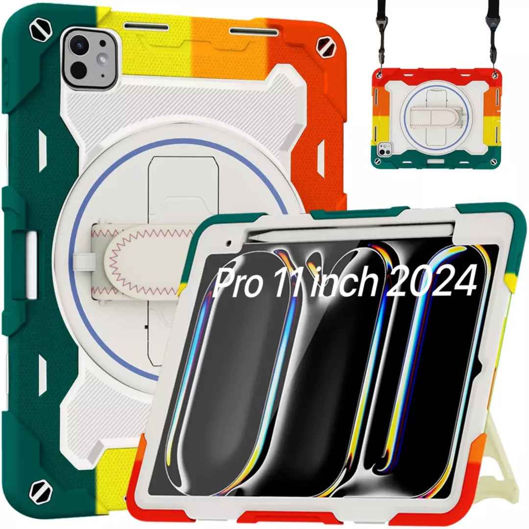 Robustrion for iPad Pro 11 inch M4 Cover Case with [Pencil Holder] Armor Shockproof Case with [Shoulder Strap] and [360 Degree Rotating Hand Strap] for iPad Pro 11 inch M4 2024 - RainbowRed