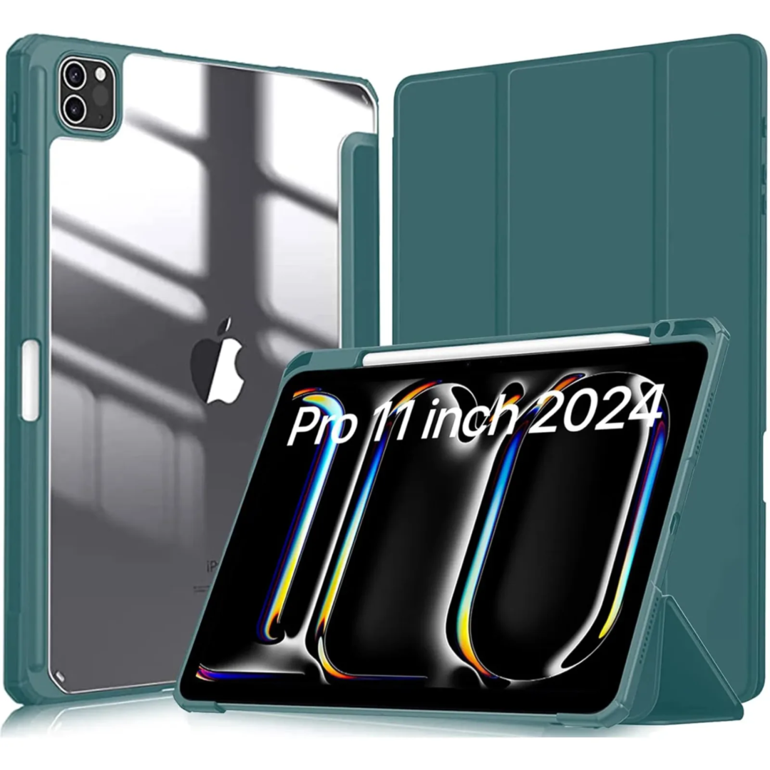 Robustrion for iPad Pro 11 inch M4 Cover Case 5th Generation (M4 2024) with [Pencil Holder] [Transparent Back] Hybrid Case Cover for iPad Pro 11 inch [Auto Sleep Wake Support] - DarkGren