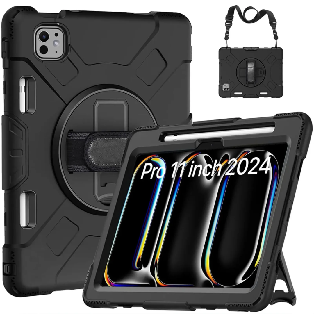 Robustrion for iPad Pro 11 inch Cover Case 5th Gen (M4 2024) with [Pencil Holder] Armor Shockproof Cover with [Shoulder Strap] and [360 Degree Rotating Hand Strap] for iPad Pro 11 inch M4 - Black
