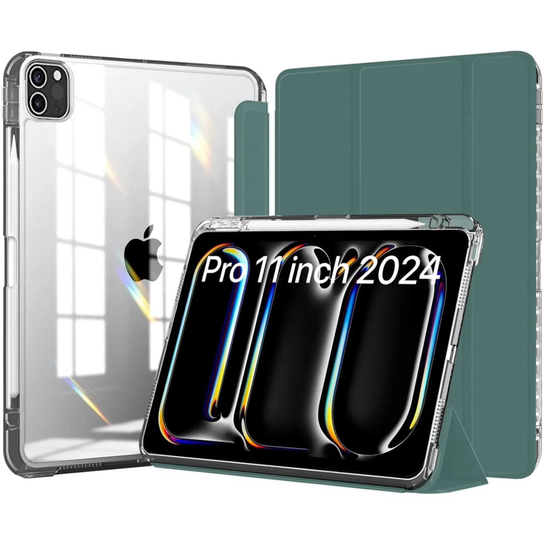 Robustrion Cover for iPad Pro 11 inch M4 2024 Cover Case with [Pencil Holder] and [Transparent Back], Case Cover for iPad Pro 11 inch M4 2024 [Auto Sleep Wake Support] - DKGrn