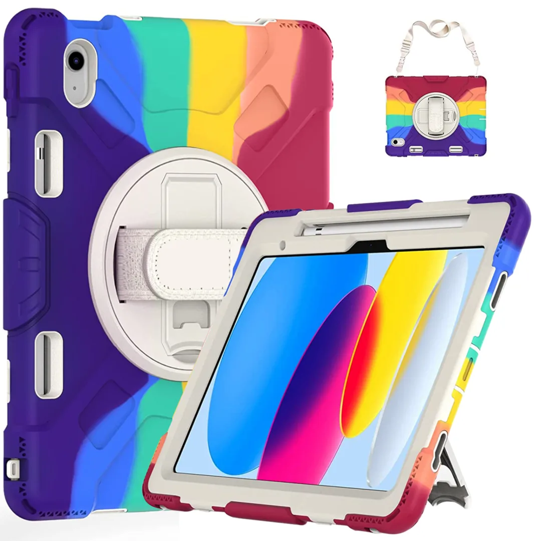 Robustrion Cover for iPad 11th Generation (A16) / 10th Generation Cover Case (2025/2022), Armor Cover for iPad 11th Gen / 10th Gen with [Pencil Holder] [Handle] [Shoulder Strap] - Dark-PurpleRed