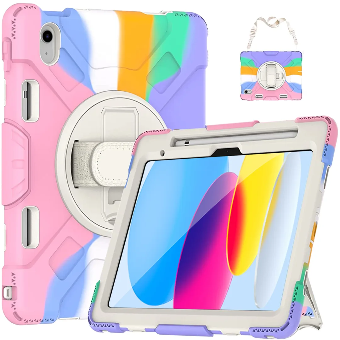Robustrion Cover for iPad 11th Generation (A16) / 10th Generation Cover Case (2025/2022), Armor Cover for iPad 11th Gen / 10th Gen with [Pencil Holder] [Handle] [Shoulder Strap] - Light-PinkLavndr